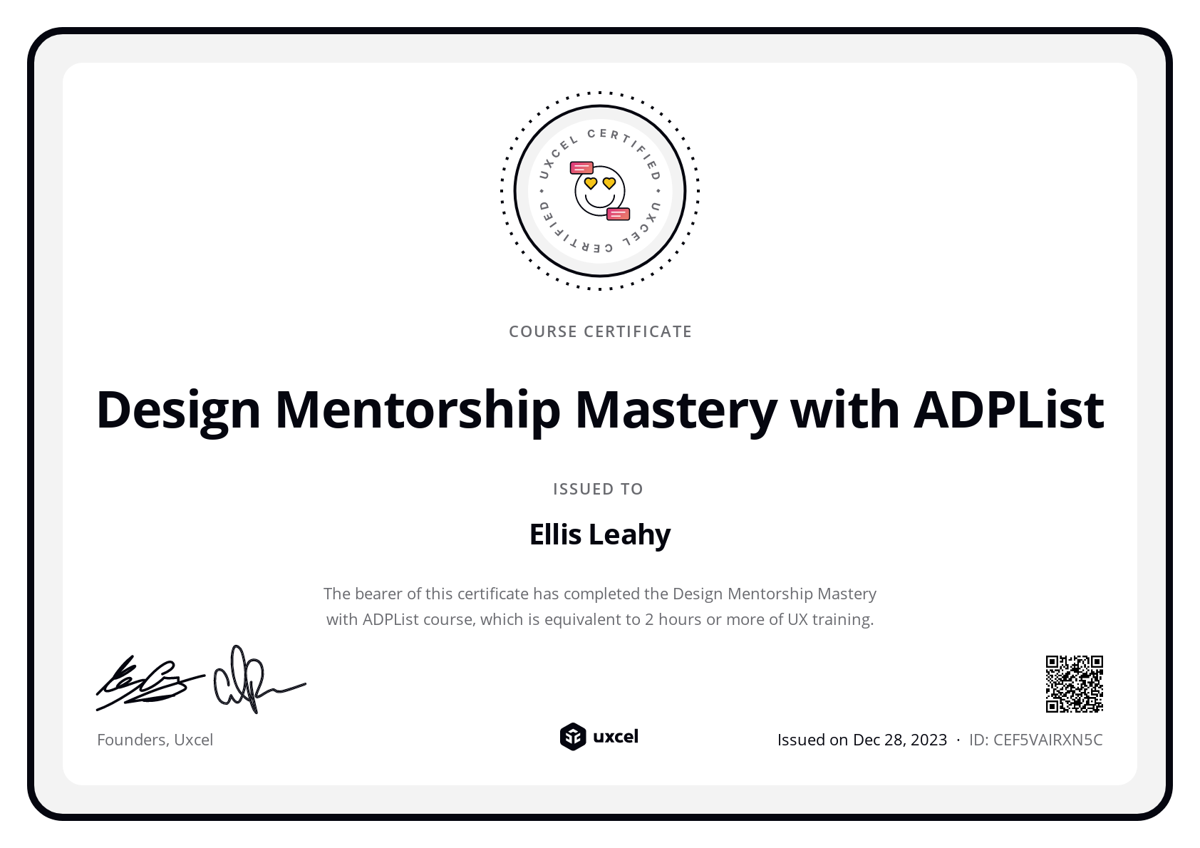 Ellis Leahy's certificate